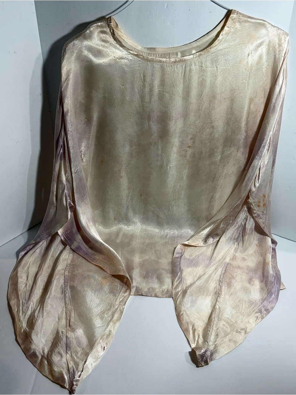 VTG 1966 San Francisco Psychedelic Liquid Satin Tie Dye Tunic Top Blouse Flaws